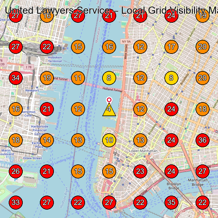 United Lawyers Service GeoGrid visibility map for Legal Services in New York